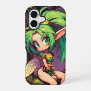 Chibi Forest Pixie at Dusk — Emerald Wings iPhone 16 Case