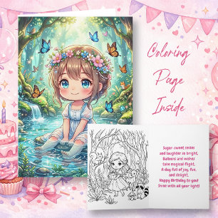 Chibi Girl in Enchanted Forest Birthday Colour M Card