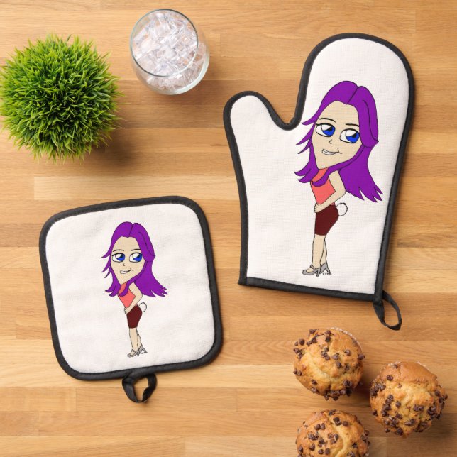 chibi girl with a bunny tail  oven mitt & pot holder set (Top Down)