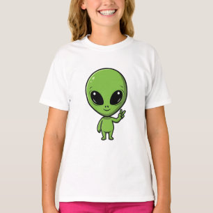 Chibi Green Alien Peace Sign Kids T-Shirt