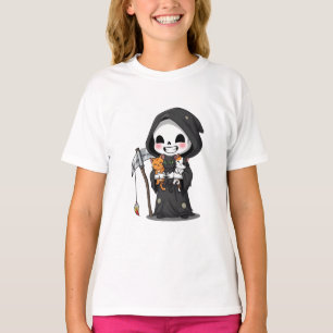 Chibi Grim Reaper Holding Three Tiny Kittens Kids T-Shirt