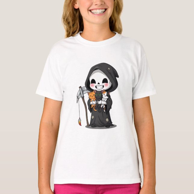 Chibi Grim Reaper Holding Three Tiny Kittens Kids T-Shirt (Front)