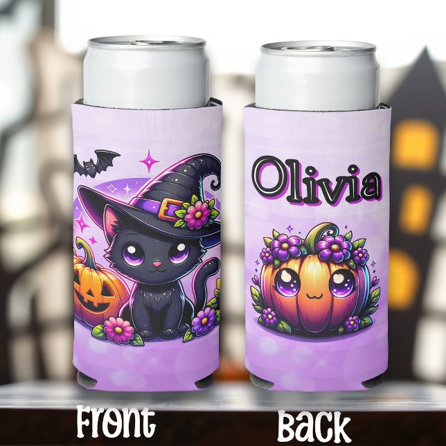 Chibi Halloween Black Cat and Pumpkin Personalised Seltzer Can Cooler (Creator Uploaded)