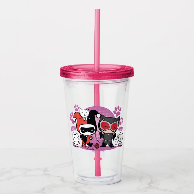 Chibi Harley Quinn & Chibi Catwoman With Cats Acrylic Tumbler (Front)