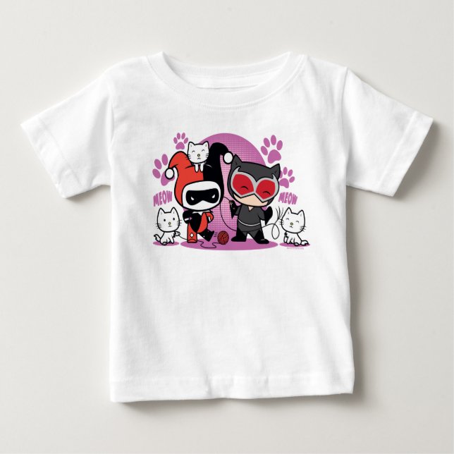 Chibi Harley Quinn & Chibi Catwoman With Cats Baby T-Shirt (Front)