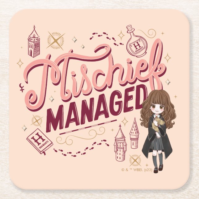 Chibi Hermione "Mischief Managed" Square Paper Coaster (Front)