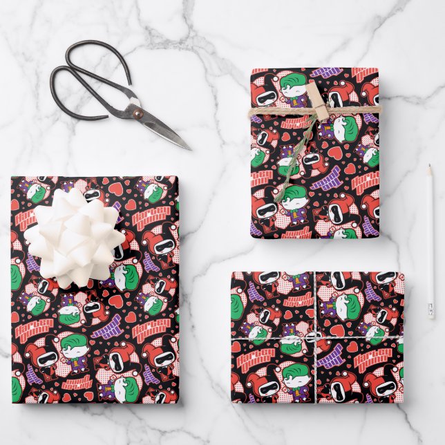 Chibi Joker and Harley Heart Pattern Wrapping Paper Sheet (Front)