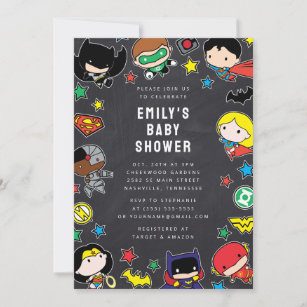 Chibi Justice League Chalkboard Baby Shower Invitation