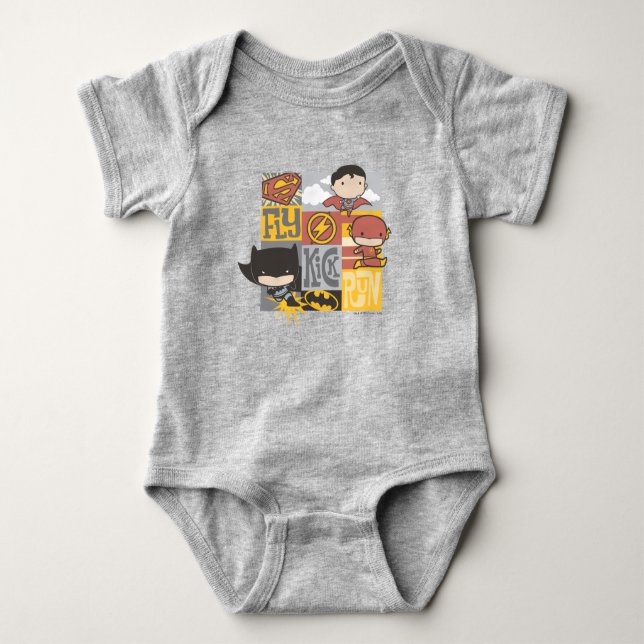Chibi Justice League | Fly, Kick, Run Baby Bodysuit (Front)