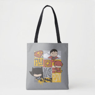Chibi Justice League Fly, Kick, Run Tote Bag