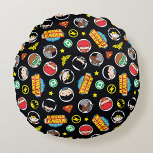 Chibi Justice League Heroes and Logos Pattern Round Cushion