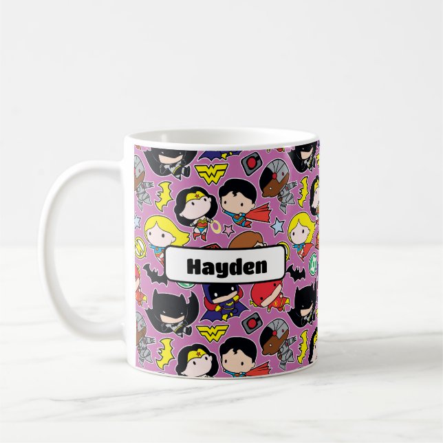 Chibi Justice League Pattern on Purple Coffee Mug (Left)