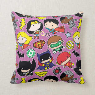 Chibi Justice League Pattern on Purple Cushion