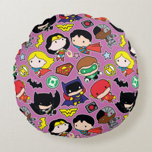 Chibi Justice League Pattern on Purple Round Cushion