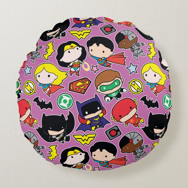 Chibi Justice League Pattern on Purple Round Cushion (Front)