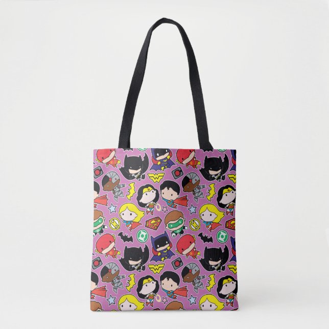Chibi Justice League Pattern on Purple Tote Bag (Front)