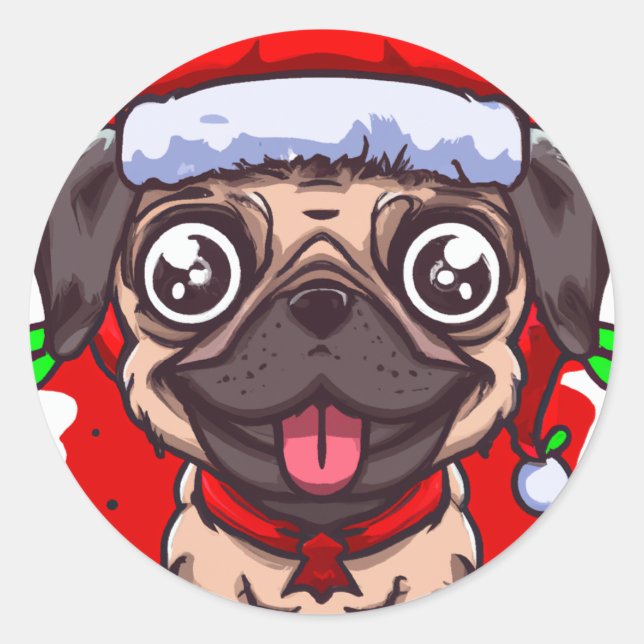 Chibi Kawaii Dog Pug Christmas Circle Sticker (Front)