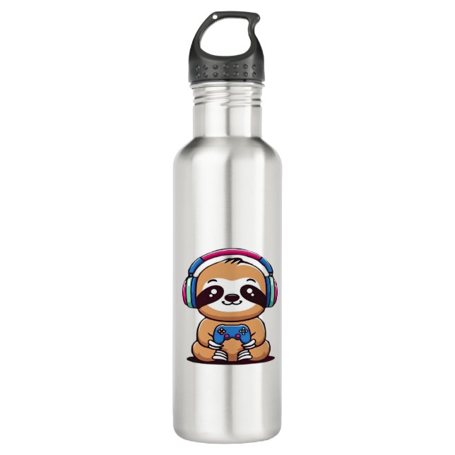 Chibi Kawaii Sloth Gamer � Cute Funny Animal with  710 Ml Water Bottle (Front)