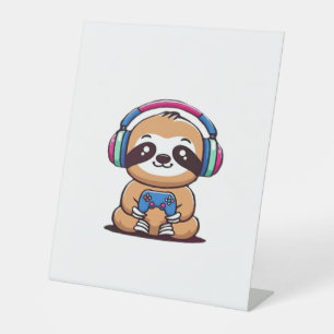 Chibi Kawaii Sloth Gamer – Cute Funny Animal with Pedestal Sign