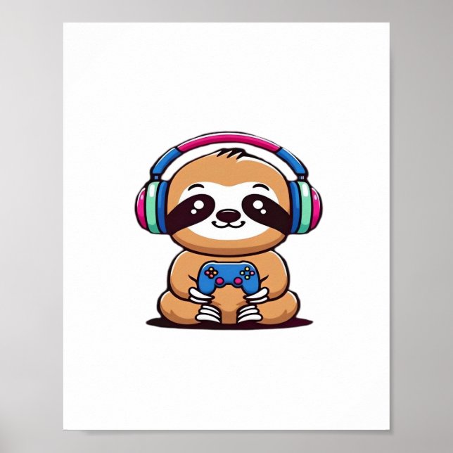 Chibi Kawaii Sloth Gamer – Cute Funny Animal with  Poster (Front)