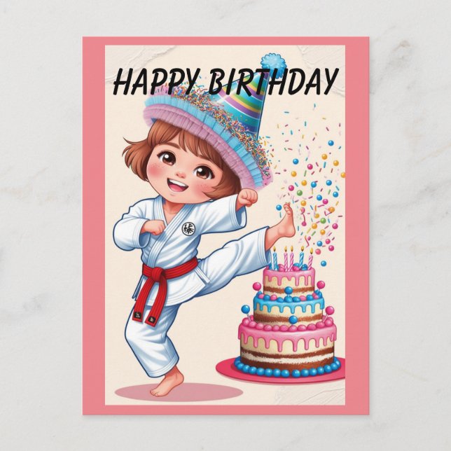 Chibi kicking birthday cake postcard (Front)