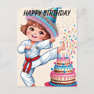 Chibi kicking birthday cake postcard