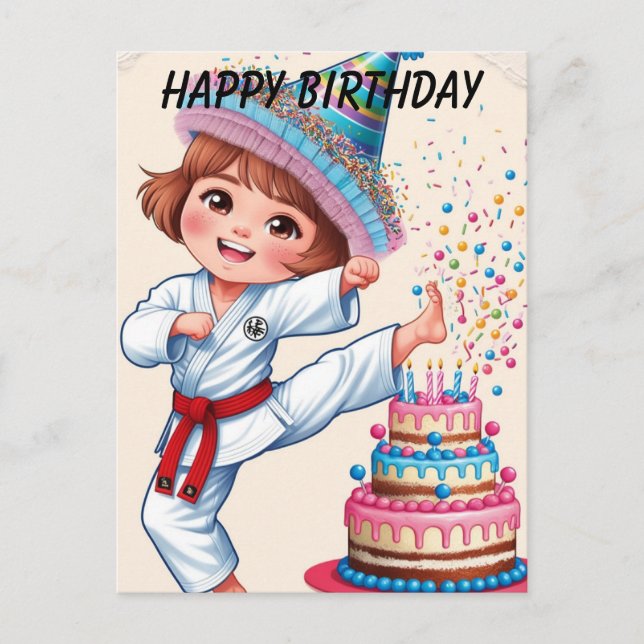 Chibi kicking birthday cake postcard (Front)