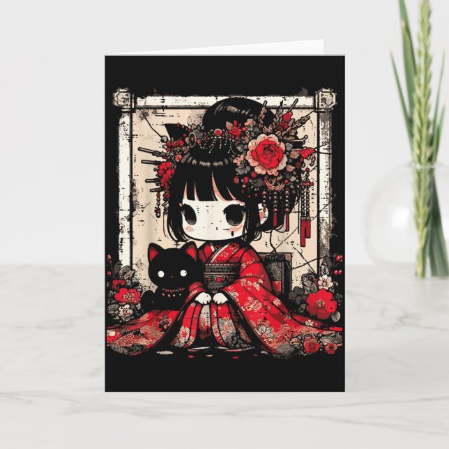 Chibi Kimono Girl Black Cat Flowers Japanese Art W Card (Front)