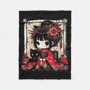 Chibi Kimono Girl Black Cat Flowers Japanese Art W Fleece Blanket