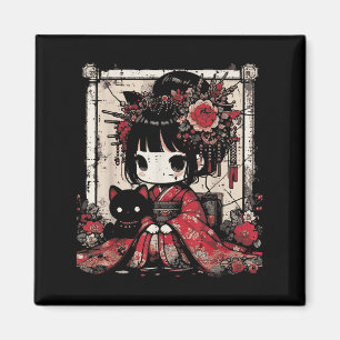 Chibi Kimono Girl Black Cat Flowers Japanese Art W Magnet