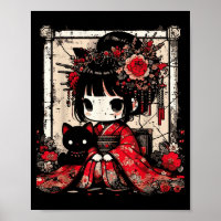 Chibi Kimono Girl Black Cat Flowers Japanese Art W