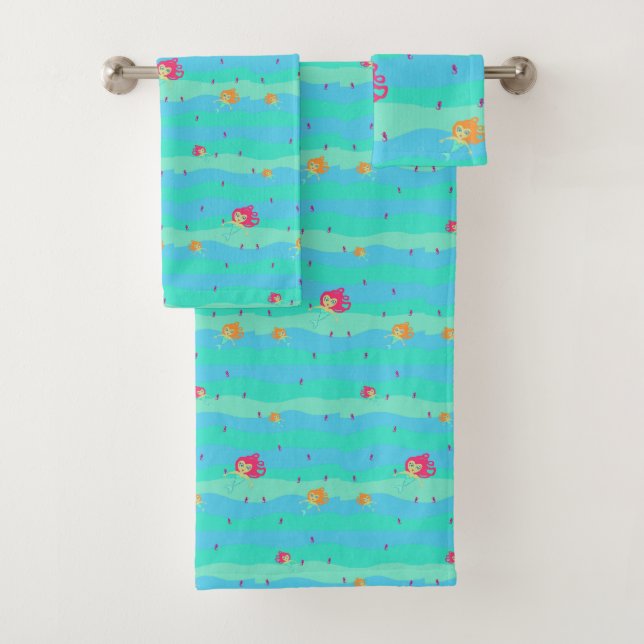 Chibi Mermaids & Seahorses towel set (Insitu)