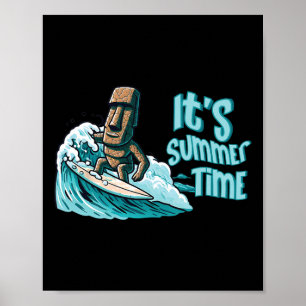 Chibi Moai Mood Surfing Summer Time Beach Ocean Se Poster