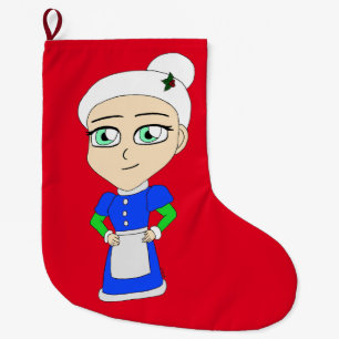 Chibi Mrs. Claus blue suit Large Christmas Stocking