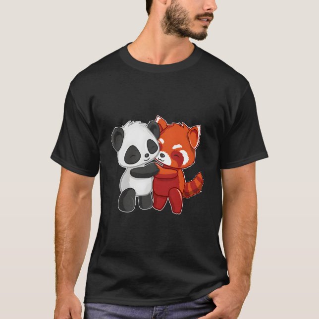 Chibi Panda Bear Hugs Red Panda T-Shirt (Front)