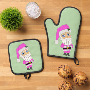 Chibi Santa pink suit Oven Mitt & Pot Holder Set