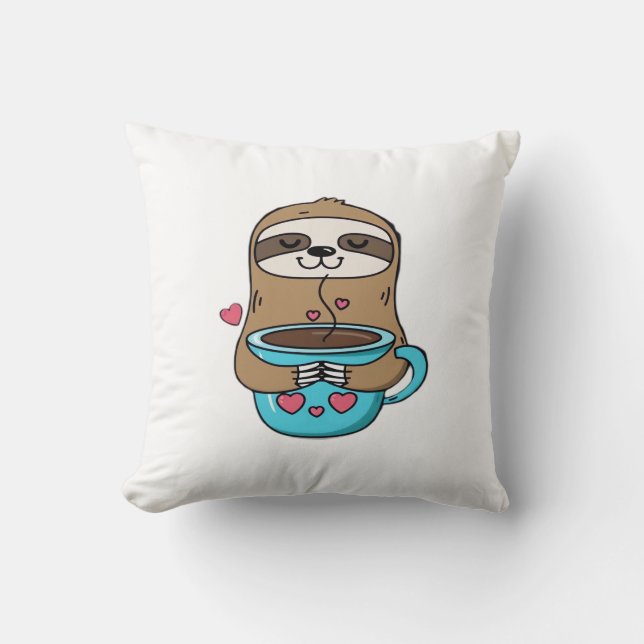 Chibi Sloth Coffee Lover � Cute Kawaii Sloth Huggi Cushion (Front)