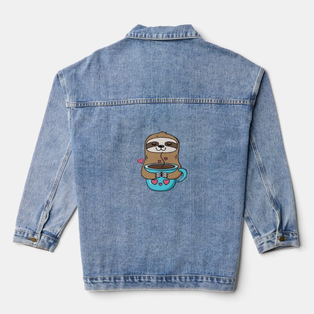 Chibi Sloth Coffee Lover – Cute Kawaii Sloth Huggi Denim Jacket (Back)