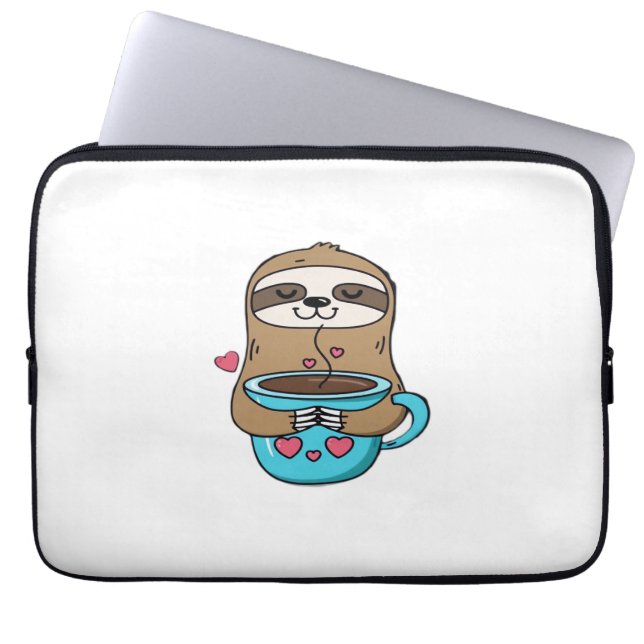 Chibi Sloth Coffee Lover – Cute Kawaii Sloth Huggi Laptop Sleeve (Front)