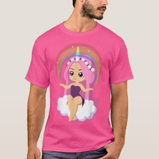 Chibi style Kawaii Anime Girl Rainbow Unicorn  T-Shirt