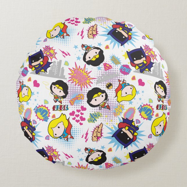 Chibi Super Heroine Pattern Round Cushion (Front)