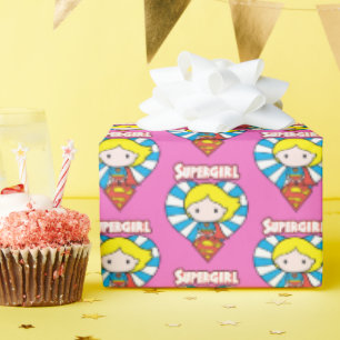 Chibi Supergirl Starburst Heart and Logo Wrapping Paper
