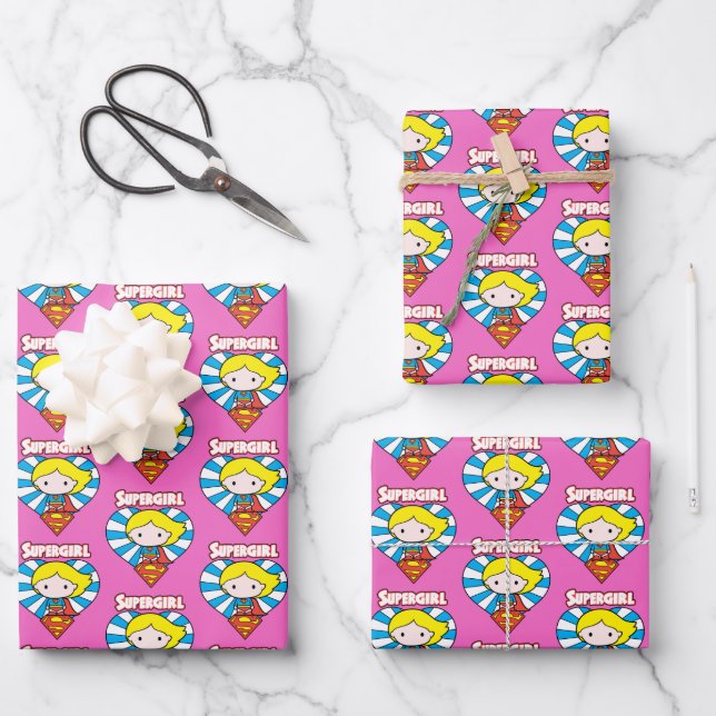 Chibi Supergirl Starburst Heart and Logo Wrapping Paper Sheet (Front)