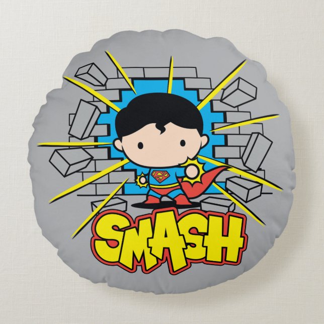 Chibi Superman Smashing Through Brick Wall Round Cushion (Front)