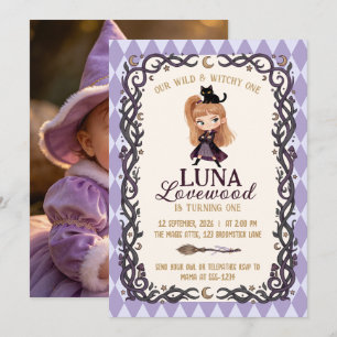 Chibi Witch Black Cat Wild 1st Birthday Invitation