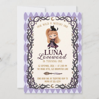 Chibi Witch One 1st Birthday Invitation Watercolor