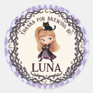 Chibi Witch One 1st Birthday Invitation Watercolor Classic Round Sticker