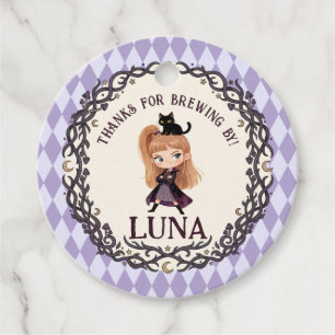 Chibi Witch One 1st Birthday Invitation Watercolor Favour Tags