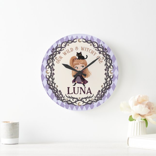 Chibi Witch One 1st Birthday Invitation Watercolor Large Clock (Home)