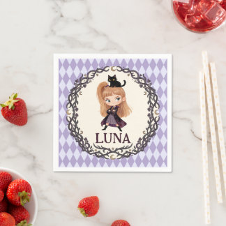 Chibi Witch One 1st Birthday Invitation Watercolor Napkin
